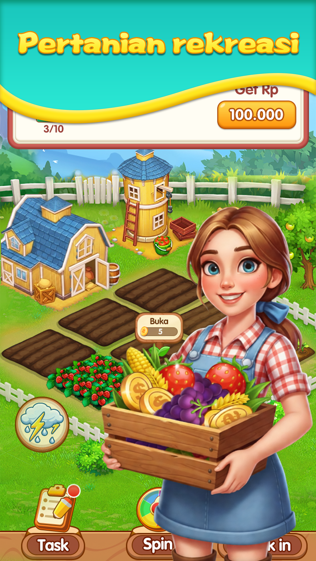 Treasure Farm in-game screenshot: farm plots, crops, and colorful interface